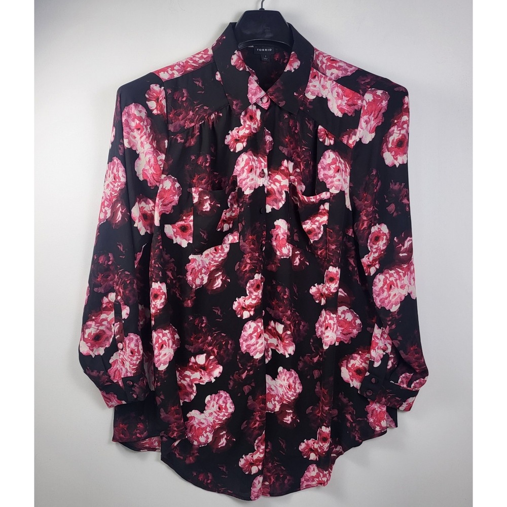 Torrid Womens Floral Button Up Top Size 1X Black Pink Long Sleeve Romantic Sheer